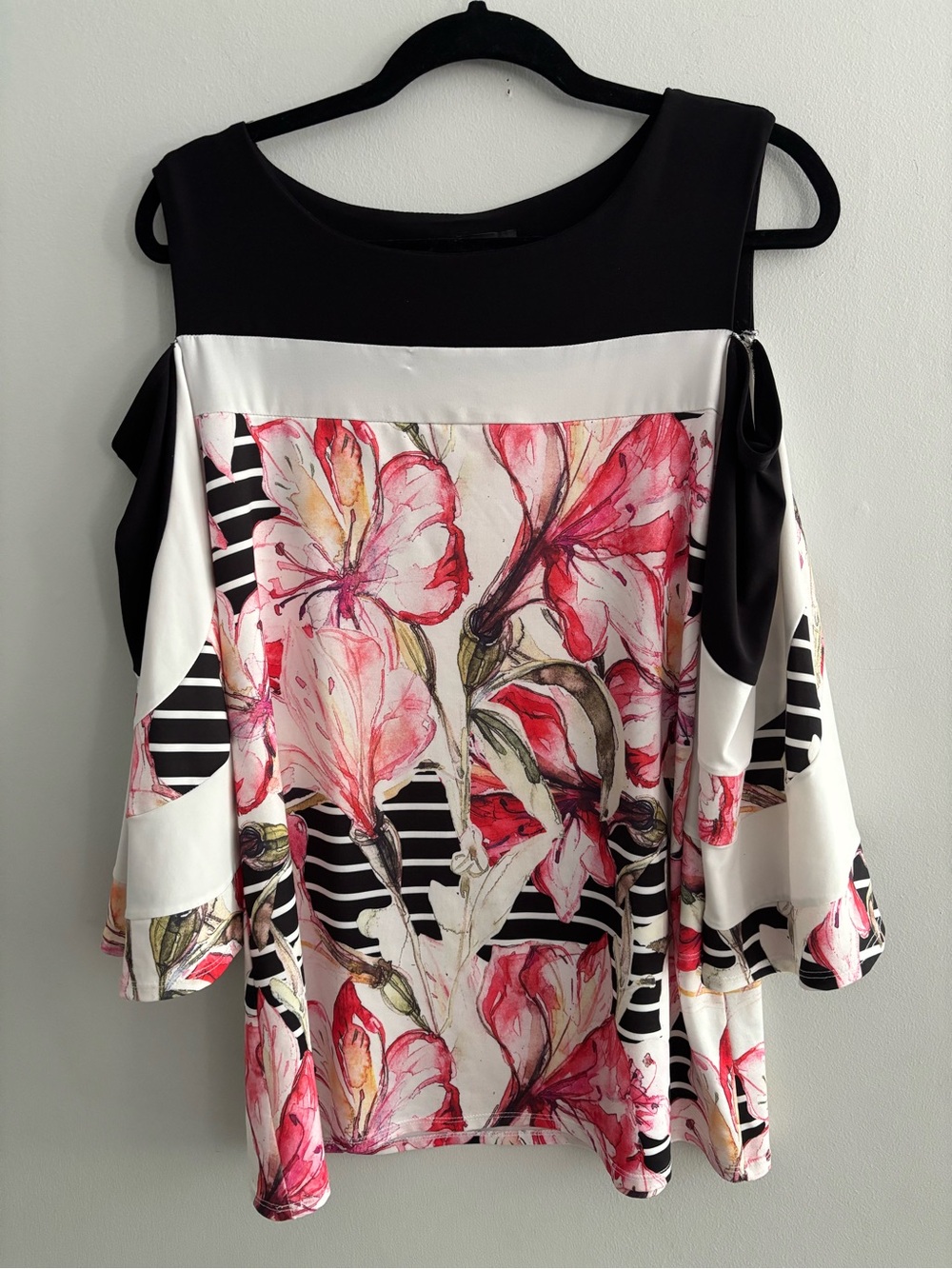 Michael Tyler Floral Striped Cold Shoulder Bell Sleeve Blouse Top Size Large